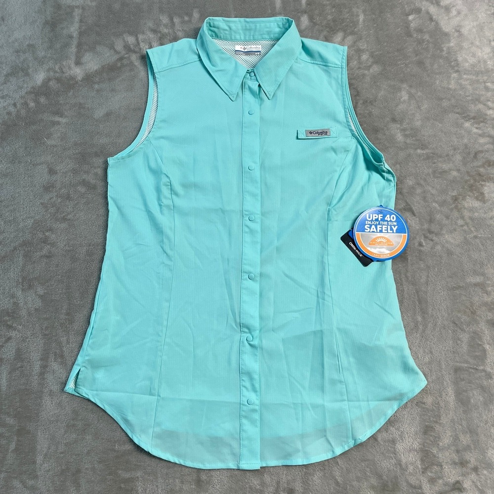 NWT Columbia PFG Tamiami Sleeveless Fishing Shirt Aqua Blue Womens M Utility